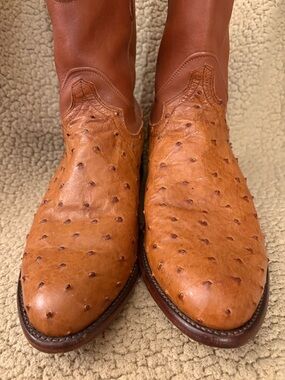 Tecovas ‘The Earl’ Ostrich Leather Pointed Toe Cowboy Boots in color Pecan